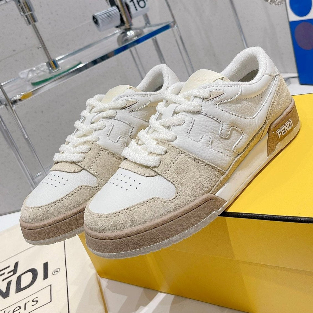 FENDI CASUAL SNEAKER IN WHITE CALFSKIN AND TAN BROWN SUEDE