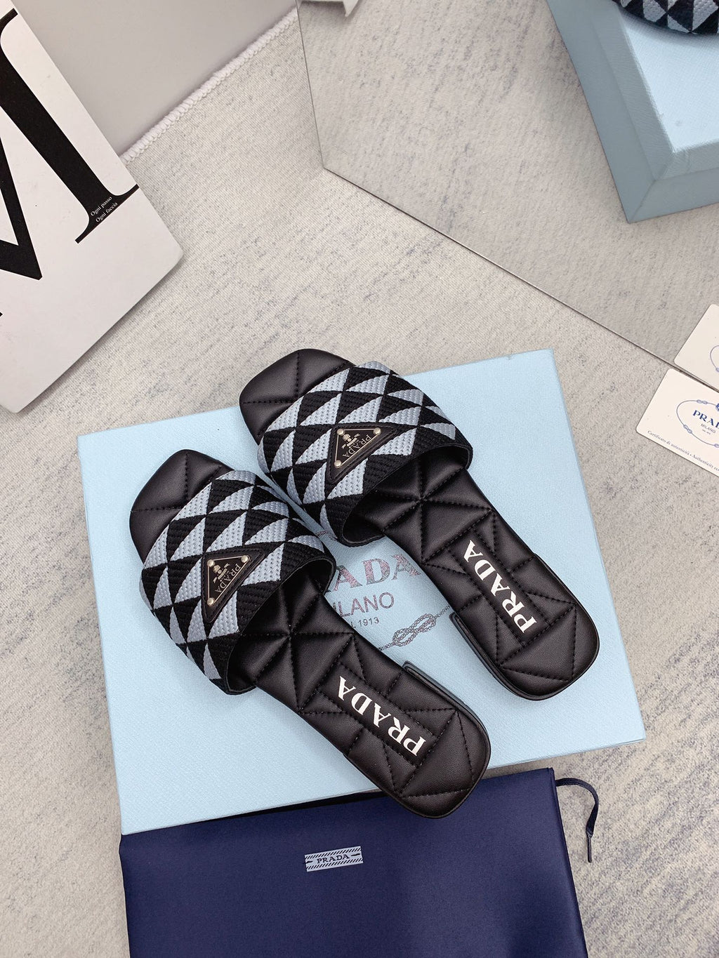 Prada 2026 Slippers Embroidery Fabric Sheepskin 731070