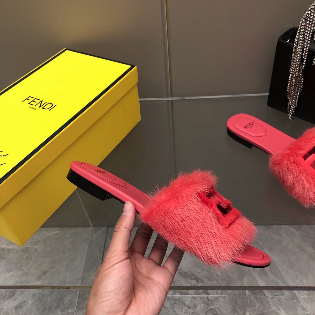 FENDI BAGUETTE MINK SLIDE SLIPPER IN CANDY RED FUR