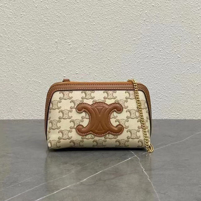 Celine 2026 Cuir Triomphe Clutch On Chain White Brown Canvas Calfskin