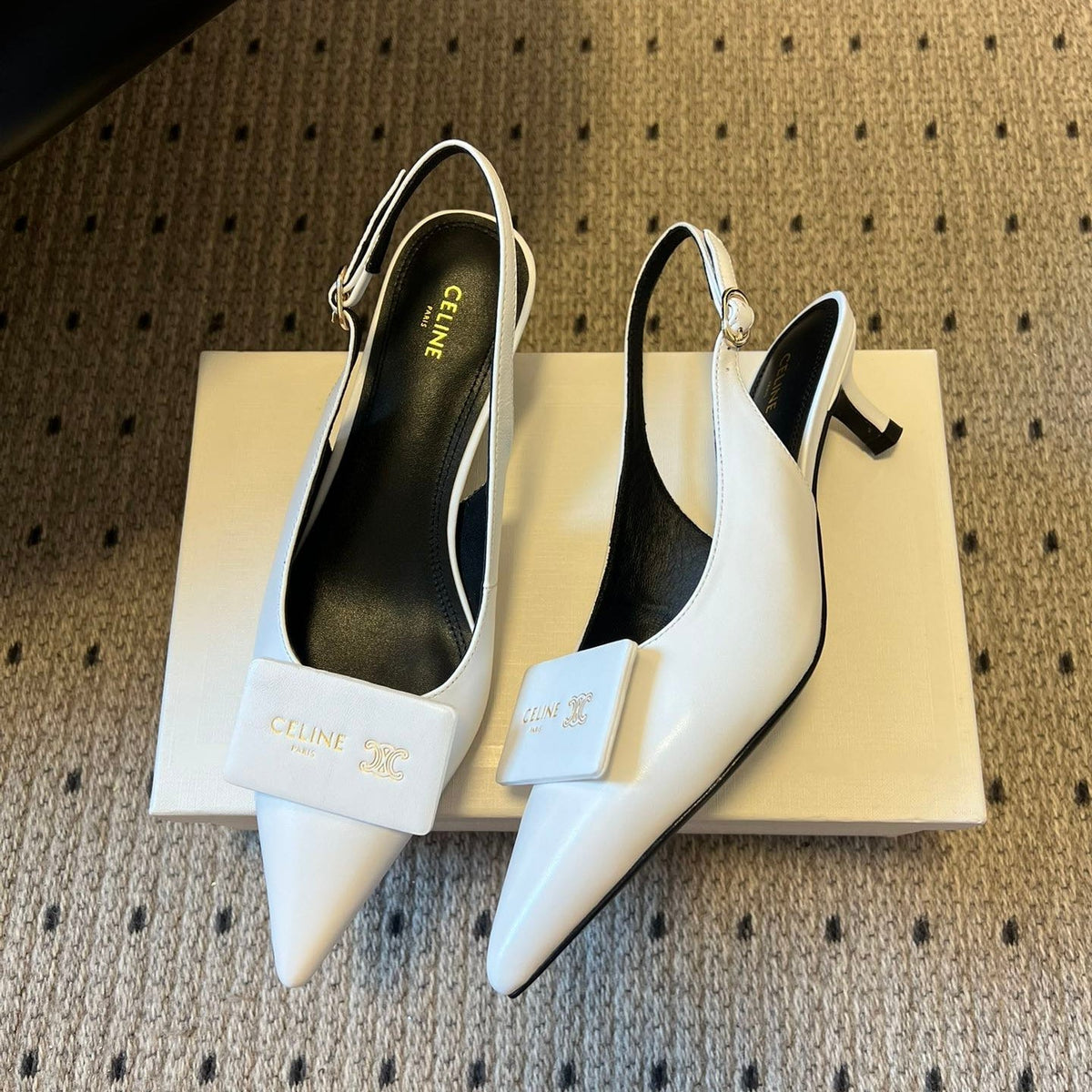 Celine 26  Pointed-Toe Slingback White Sheepskin 619636