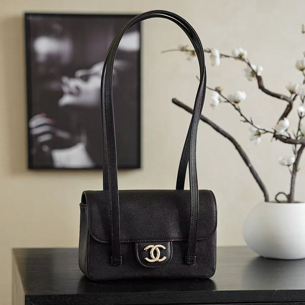 Chanel 2026 Bag 22cm Black Grained Shiny Calfskin