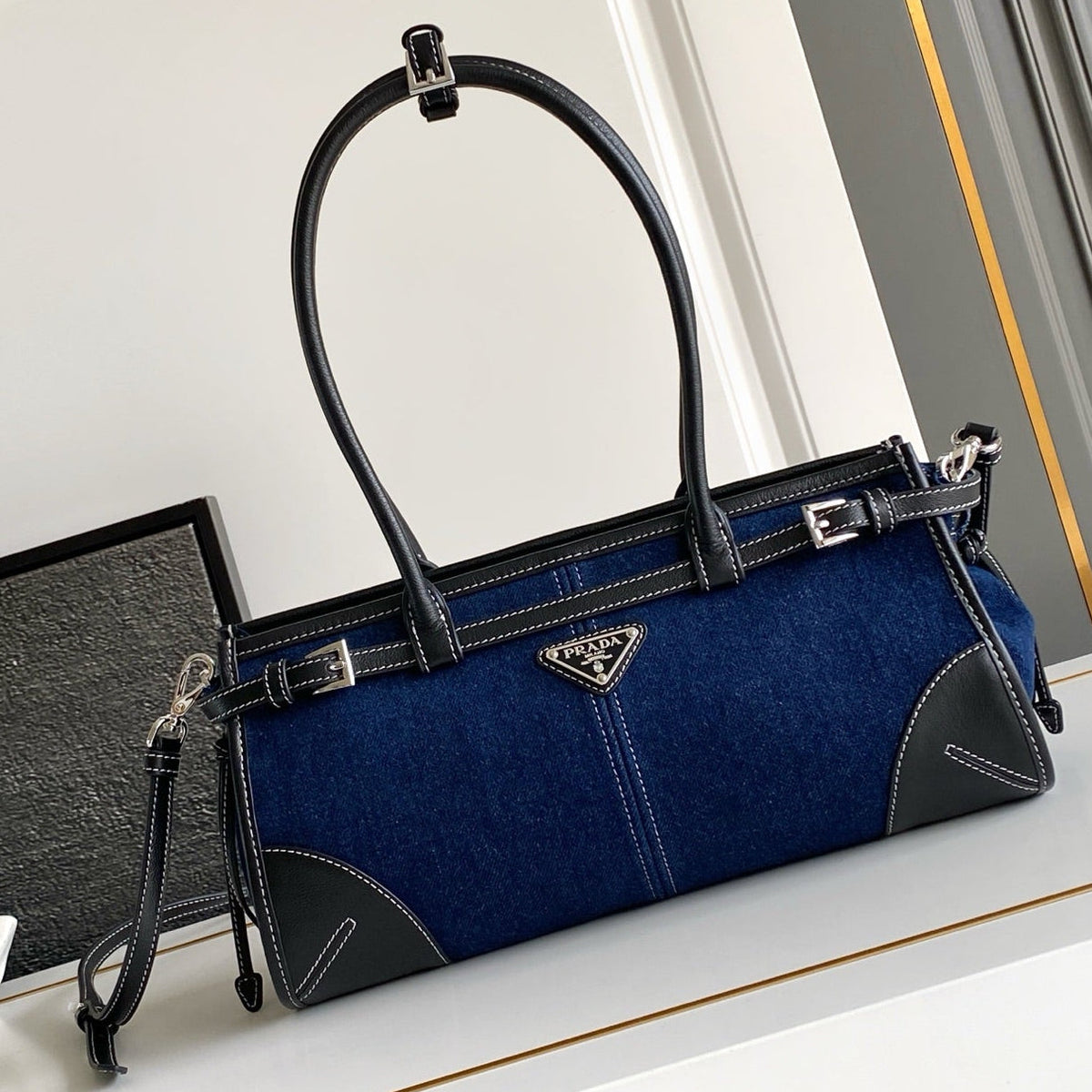 Prada 2026 Bonnie Small Denim Handbag 32cm Denim Leather