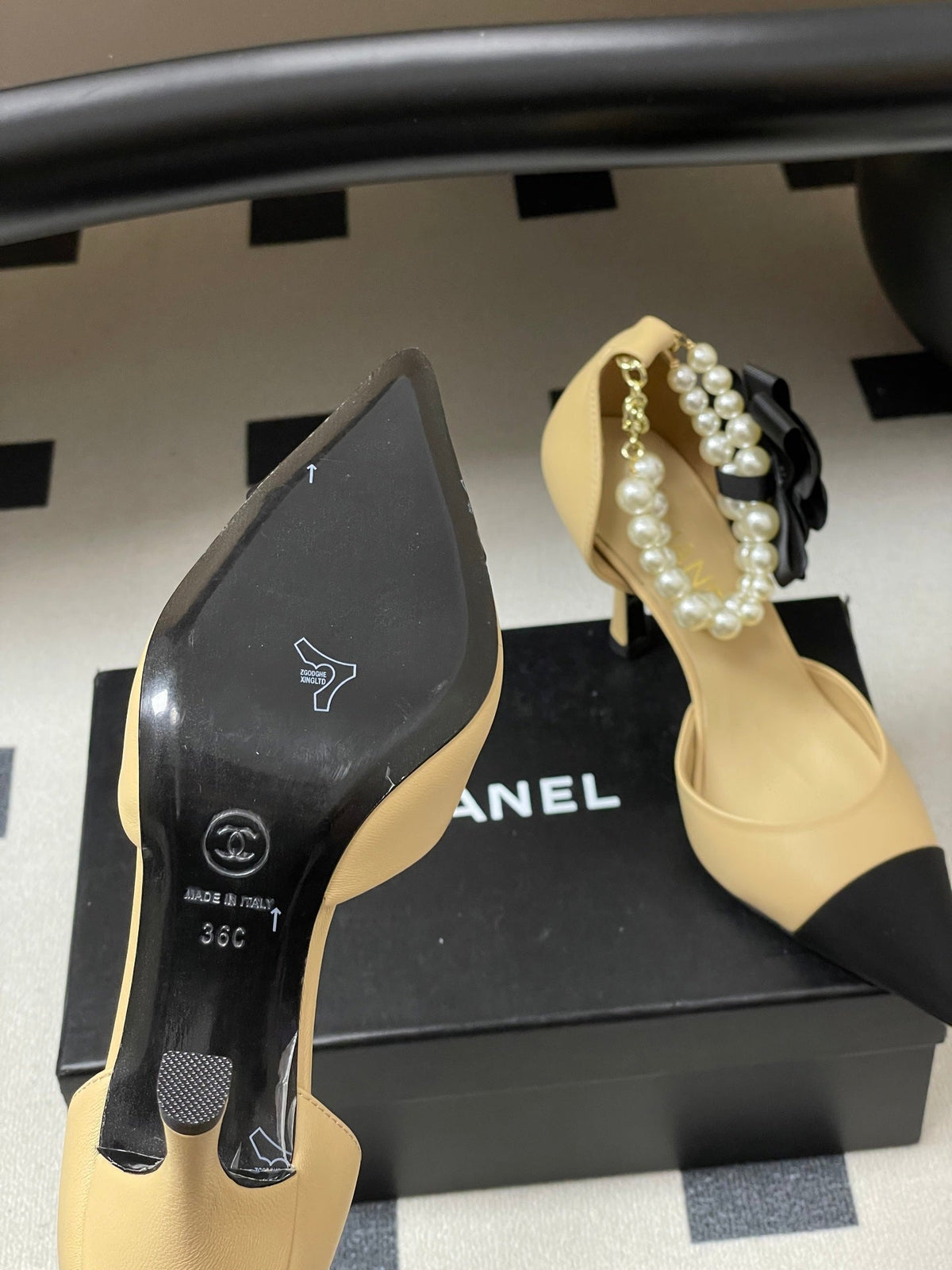 CC 26 Heeled 70mm Slingback With Pearl Ankle Strap Lambskin Fabric