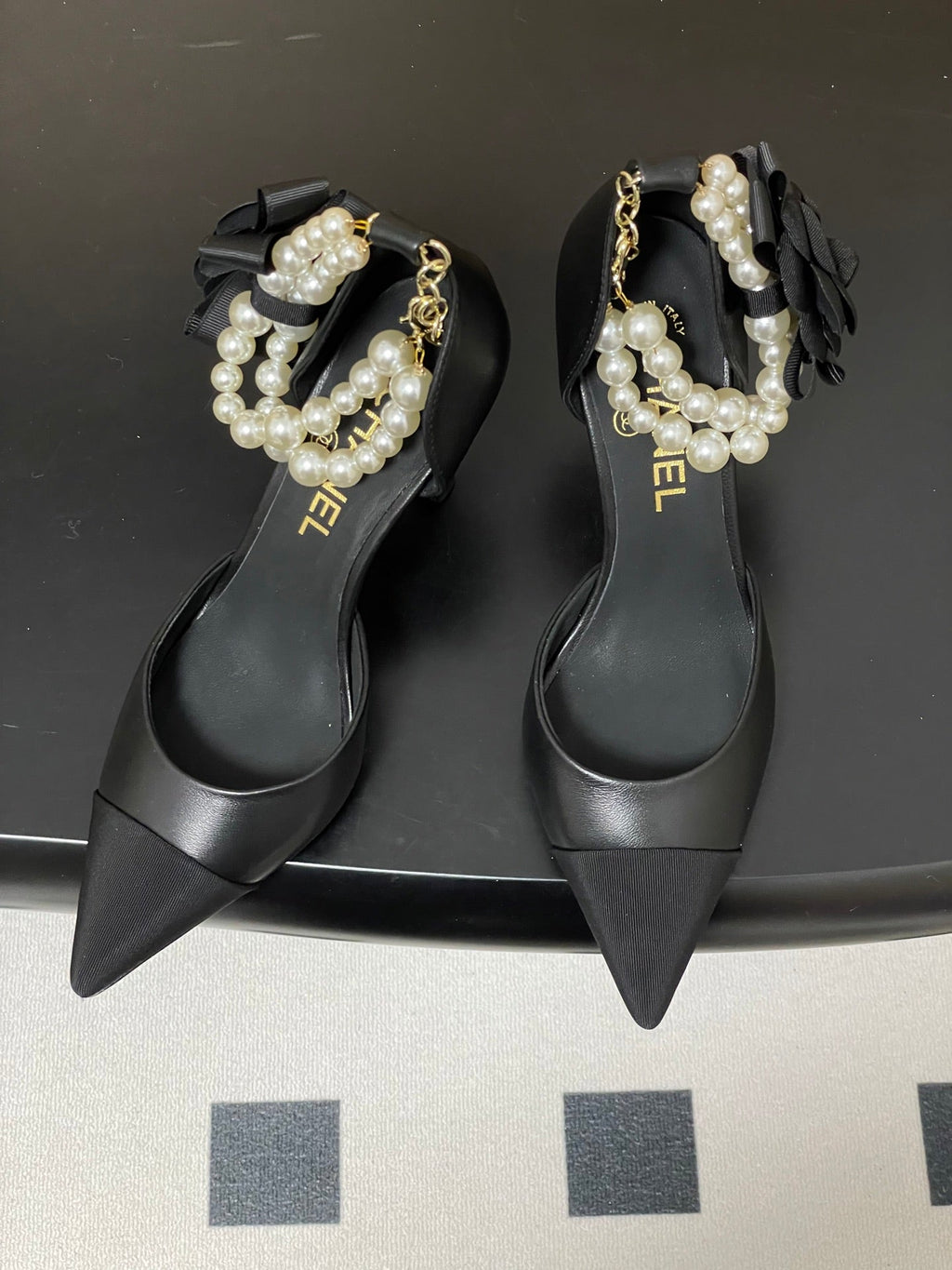 CC 26 Heeled 70mm Slingback With Pearl Ankle Strap Lambskin Fabric