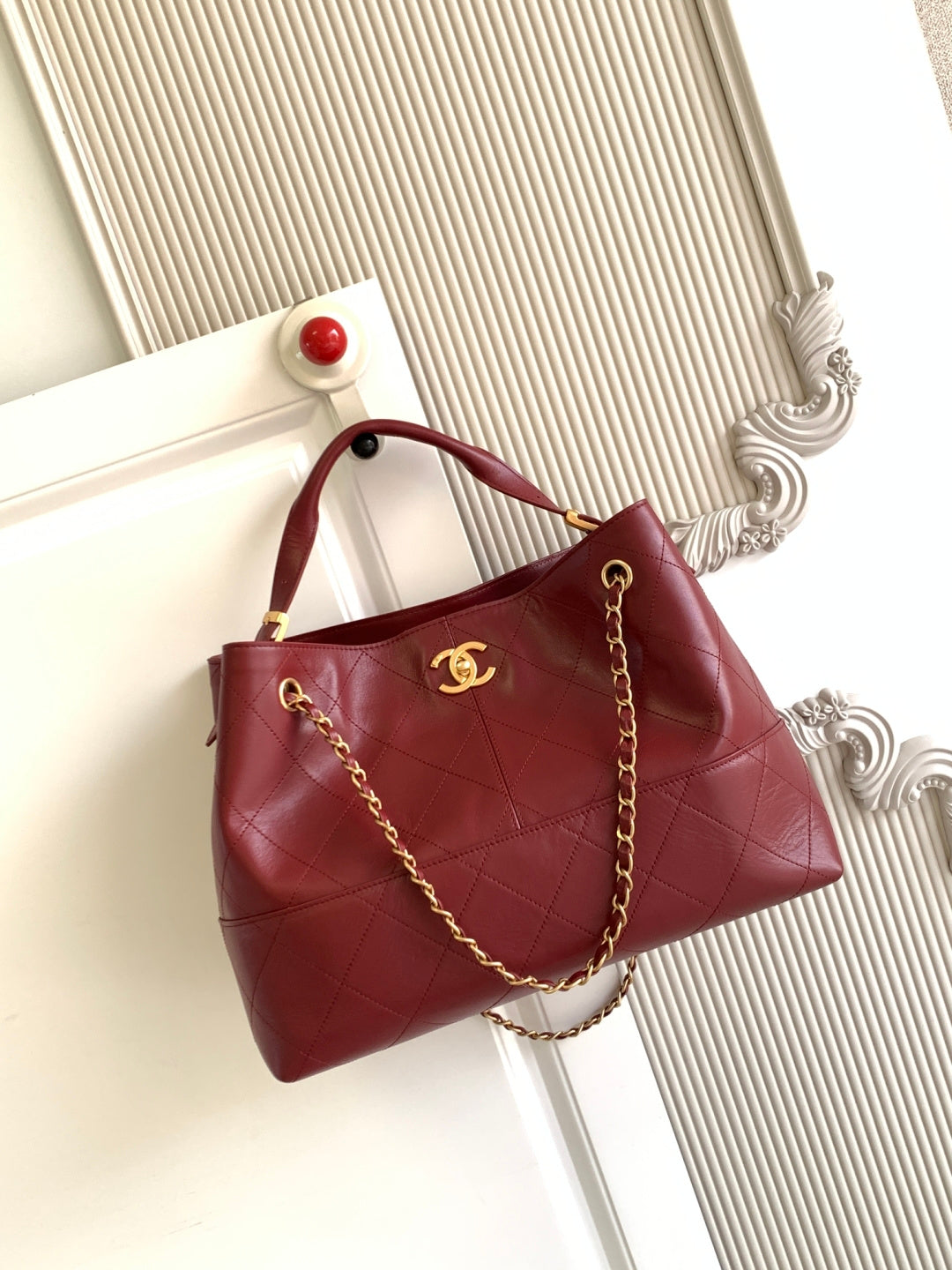 Chanel 2026 Stitched Shopping Bag 36cm Red Calfskin 348239