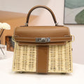 High-end Hermes 2026 Kelly Picnic Bag 20cm Golden Brown Leather/Woven Rattan