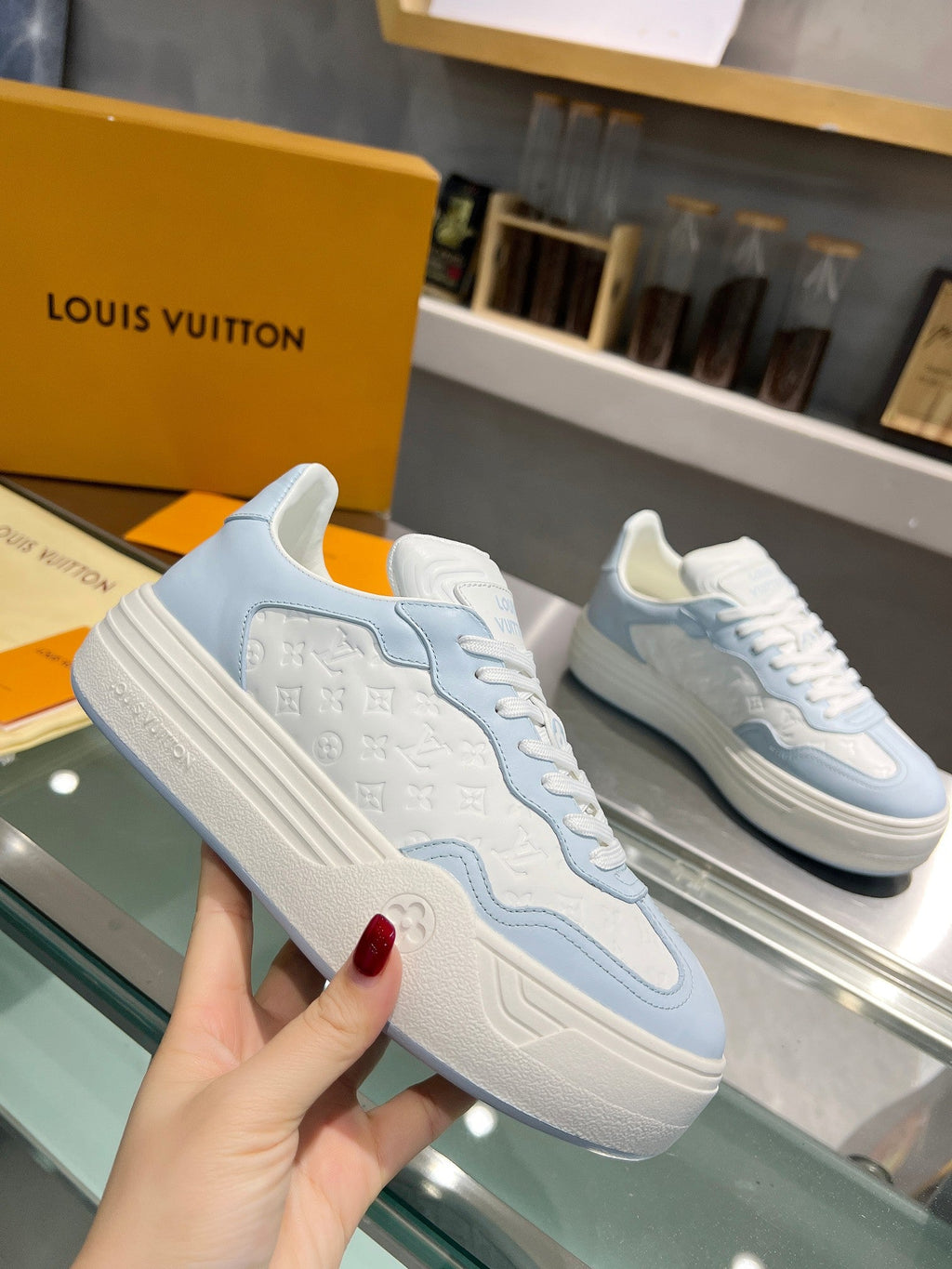 LV WOMEN GROOVY PLATFORM IN WHITE MIX LIGHT BLUE EMBOSSED CALFSKIN