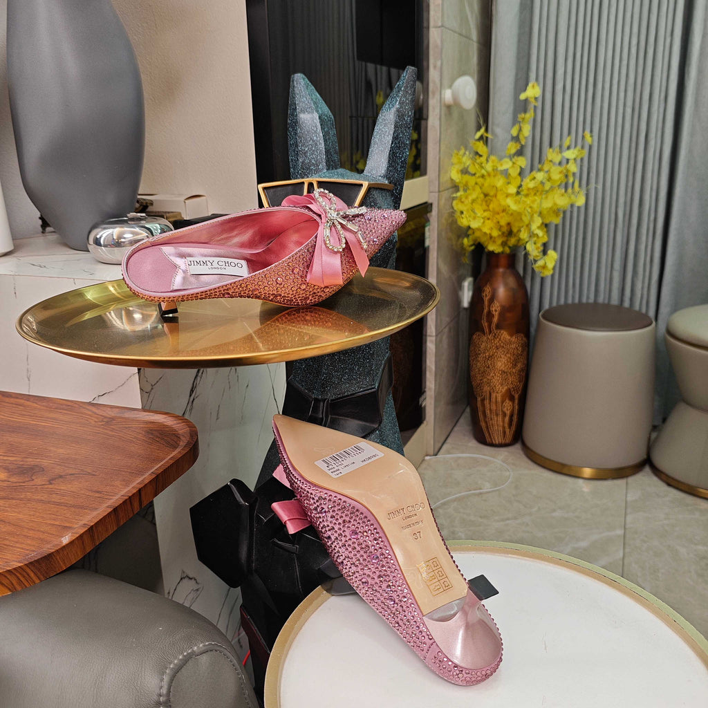 Jimmy 26s Crystal Slipper 45 Pink Silk Satin Cowhide 596341