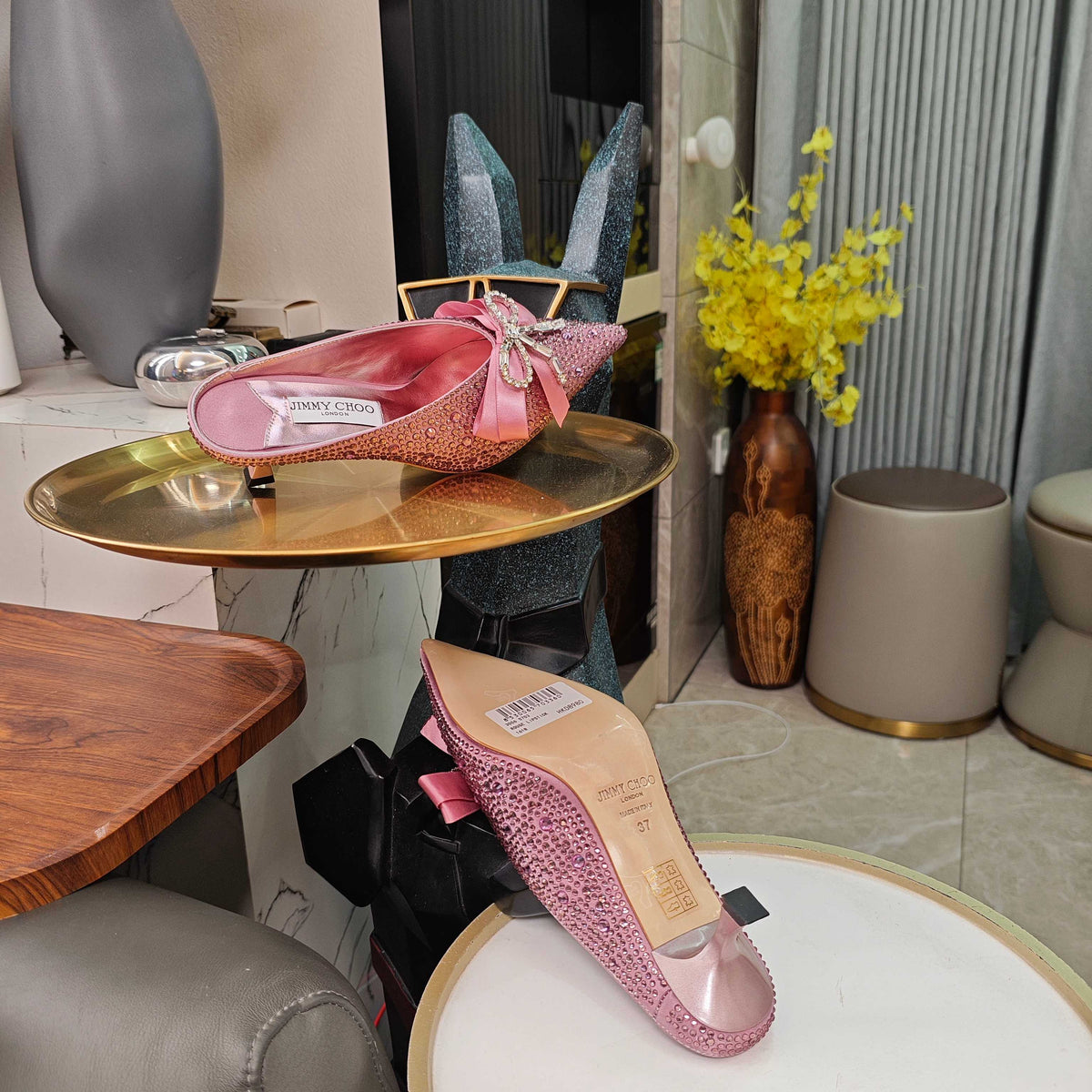 Jimmy 26s Crystal Slipper 45 Pink Silk Satin Cowhide 596341