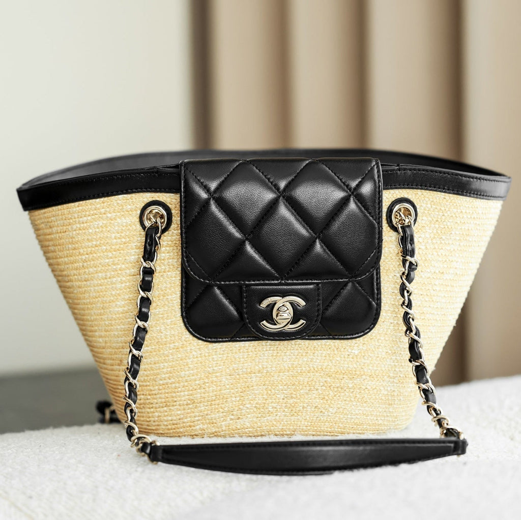 Chanel 2026 Shopping Bag 40cm Beige Black Straw Lambskin 351031