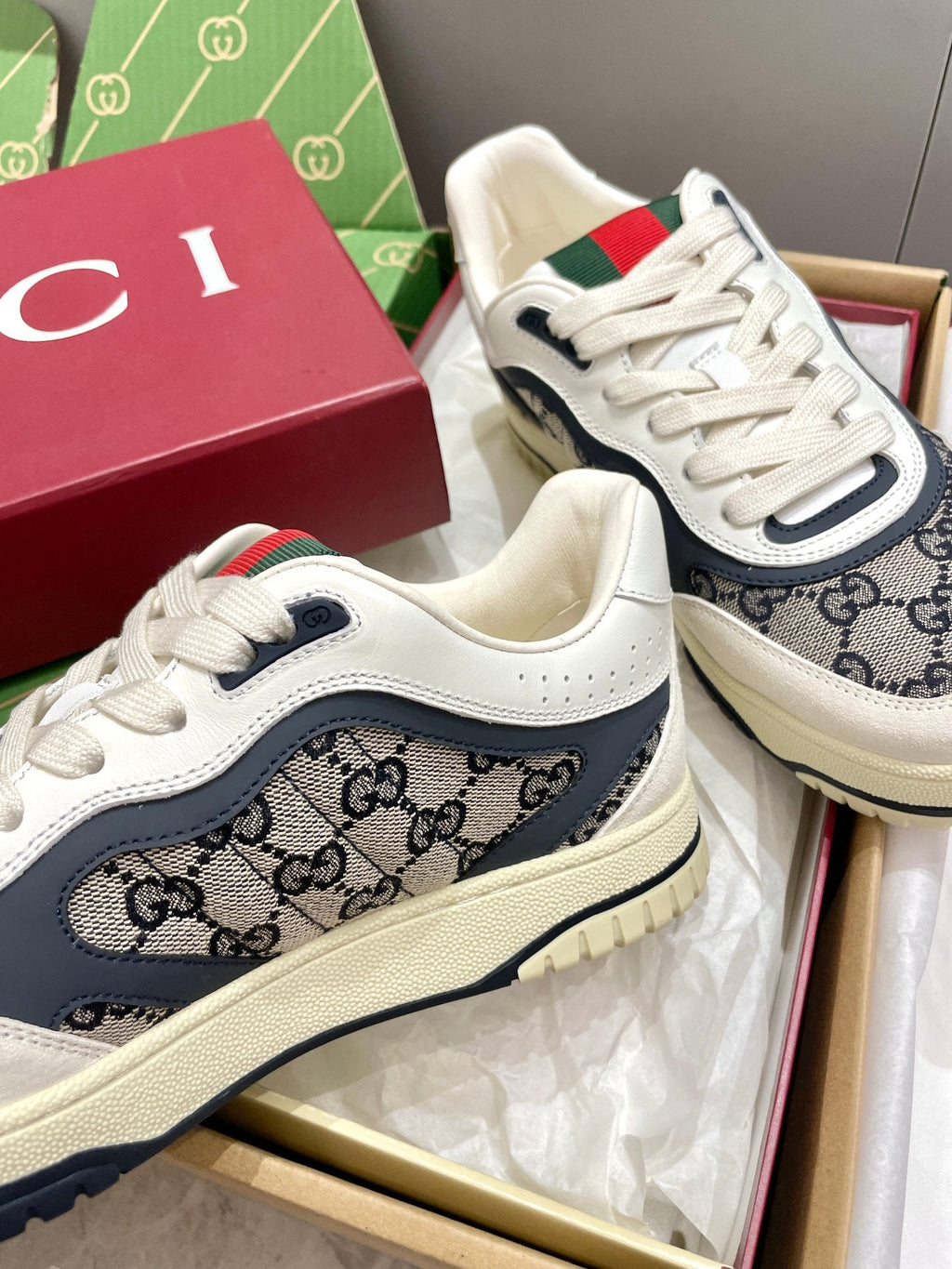 GG 26 Sneaker White Navy Blue Canvas Suede 632877