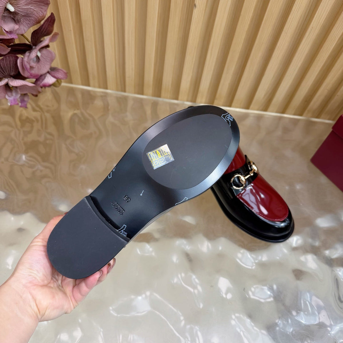 GG 26 Horsebit Loafers Black Red Sheepskin 589464