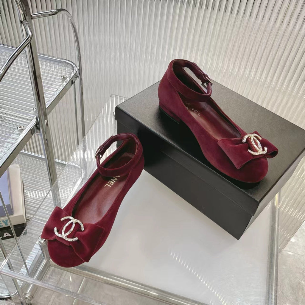 Chanel 2026 Mary Jane Ballet Flats Velvet Crystal CC Logo Bow 791128