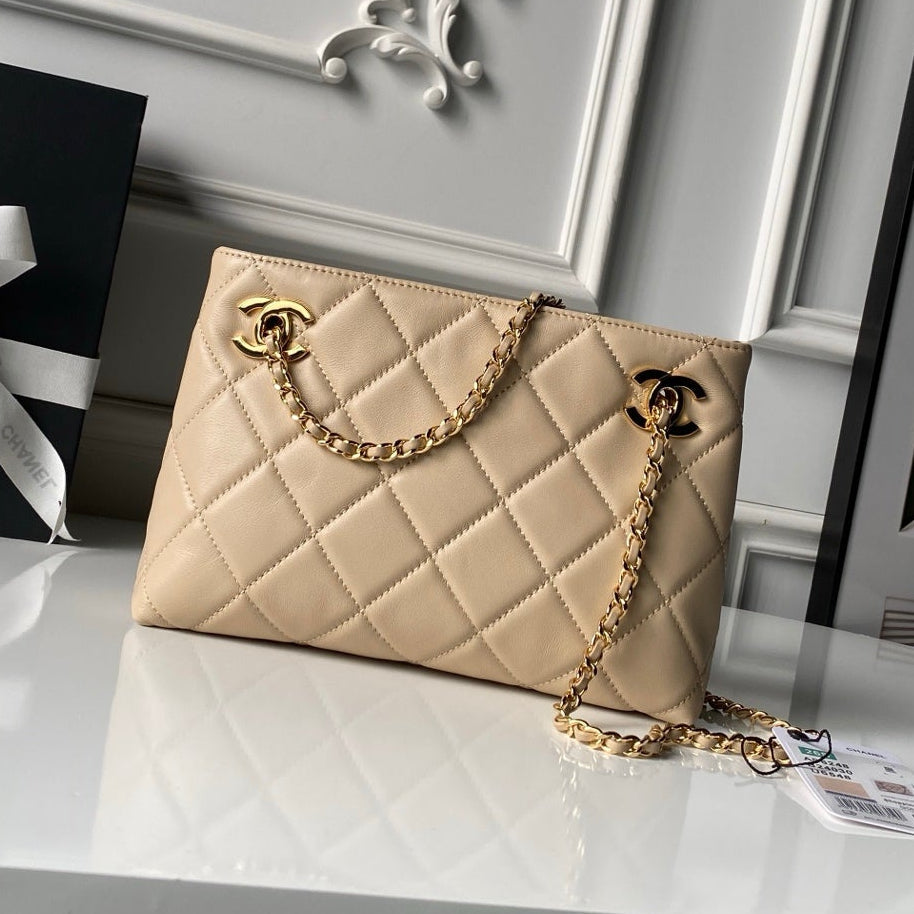Chanel 2026 Small Shopping Tote Bag Black 24.5cm Beige Lambskin 348255