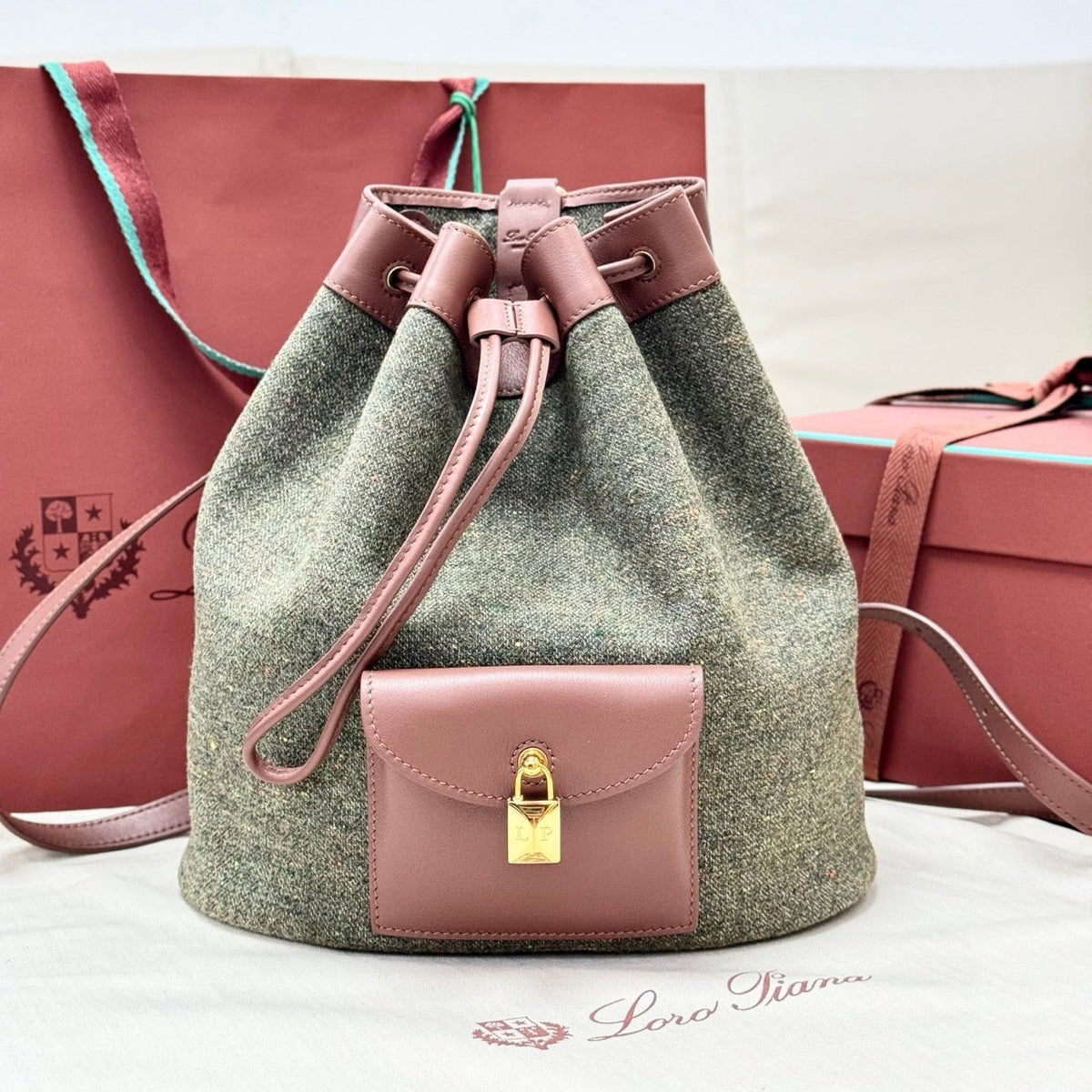 LP 2026 Extra Drawstring Backpack L27 Countryside Sage mix Burnt Tan Wool Leather