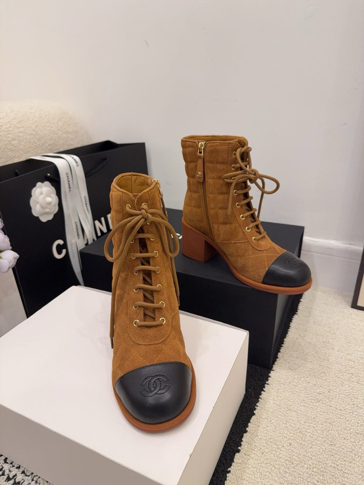 CC 26 Quilted Lace-up Boot Brown Black Suede Calfskin 588817