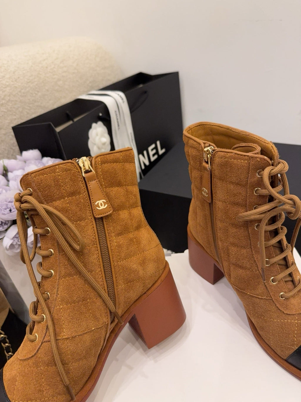 CC 26 Quilted Lace-up Boot Brown Black Suede Calfskin 588817