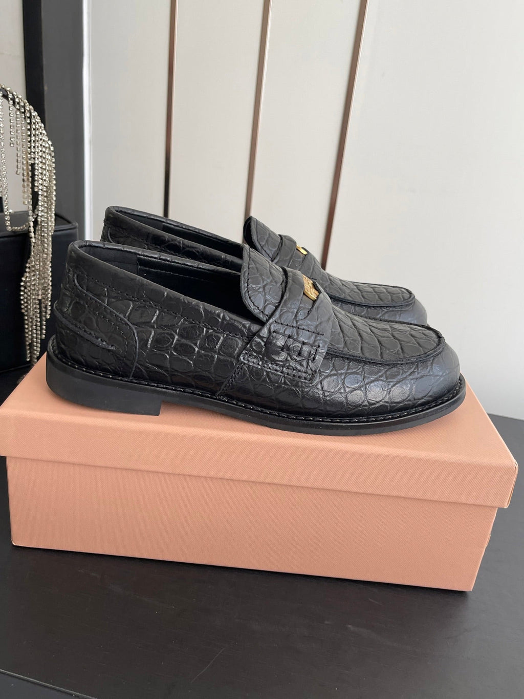 MIU 26 Casual Loafers Black Crocodile Embossed Calfskin 631625