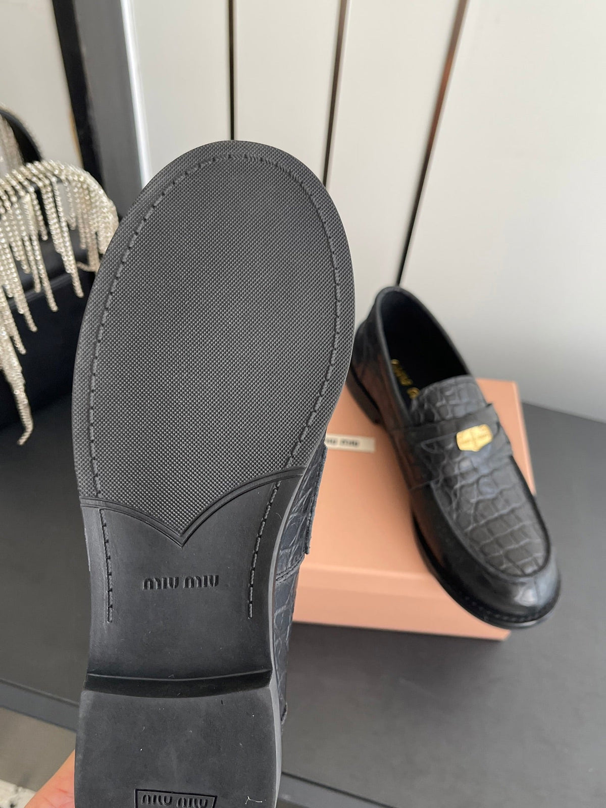 MIU 26 Casual Loafers Black Crocodile Embossed Calfskin 631625