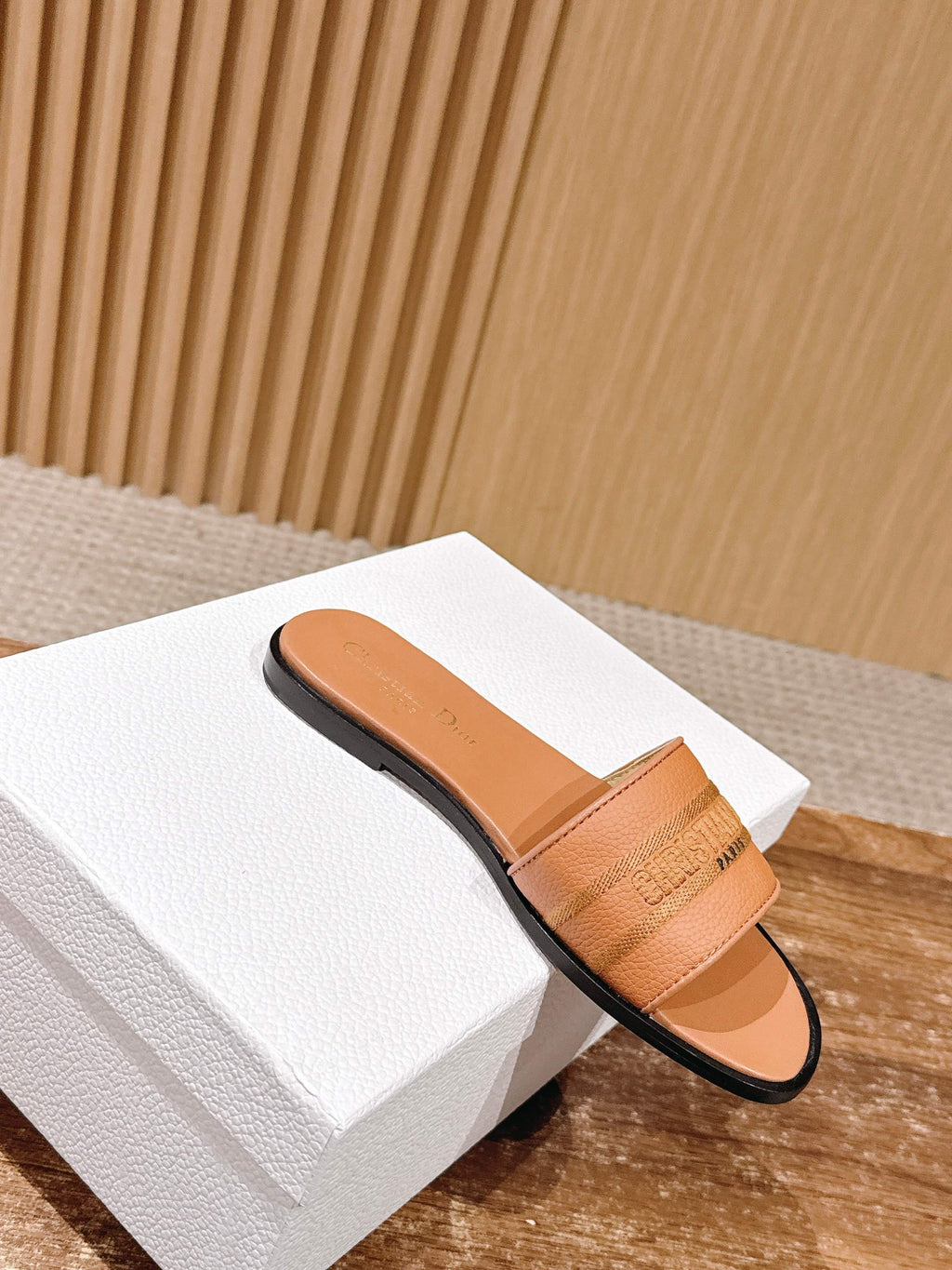 CD 26 Embroidered Slippers Camel Brown Cowhide 610277