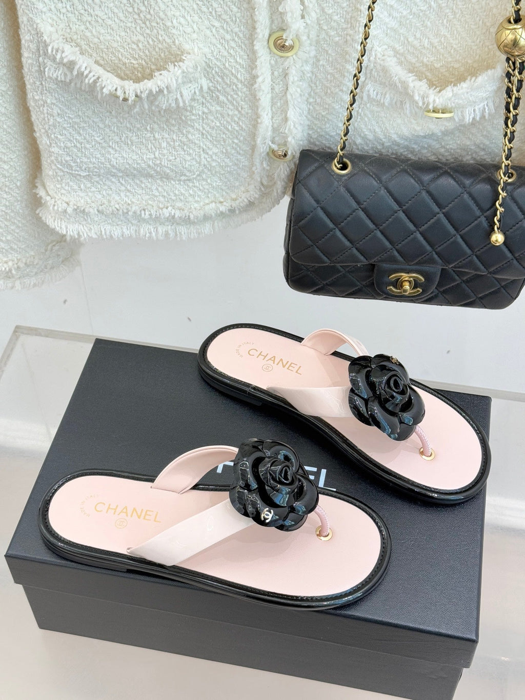 CC 26 Camellia Thong Sandal Pink mix Black Sheepskin 609998