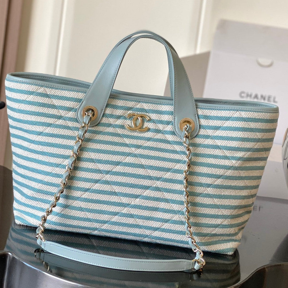 Chanel 2026 Deauville Tote Bag 46cm Light Blue mix White Canvas Leather 331129