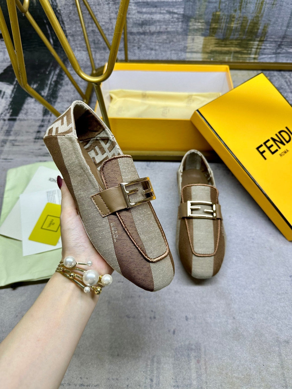 FENDI BAGUETTE LOAFERS IN BEIGE MIX BROWN CANVAS GOLD HARDWARE