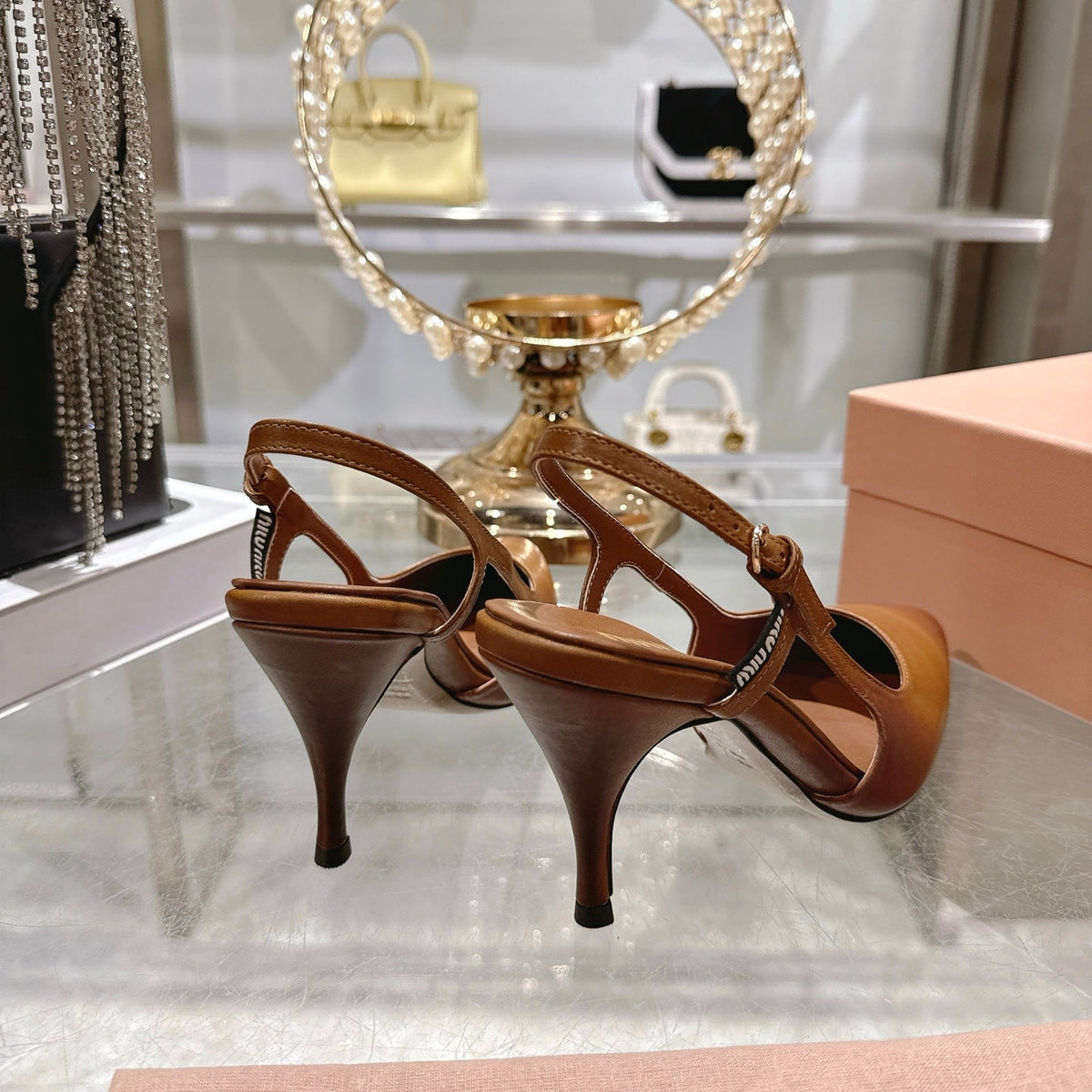 Miu 26 High Heel Slingback 75 Camel Brown Cowhide 592084
