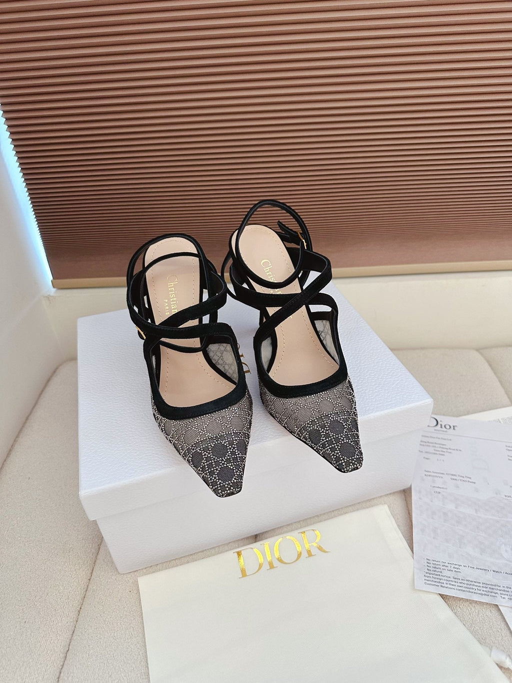 CD 26 High Heel 95 Black Beige Mesh Fabric Sheepskin 614894